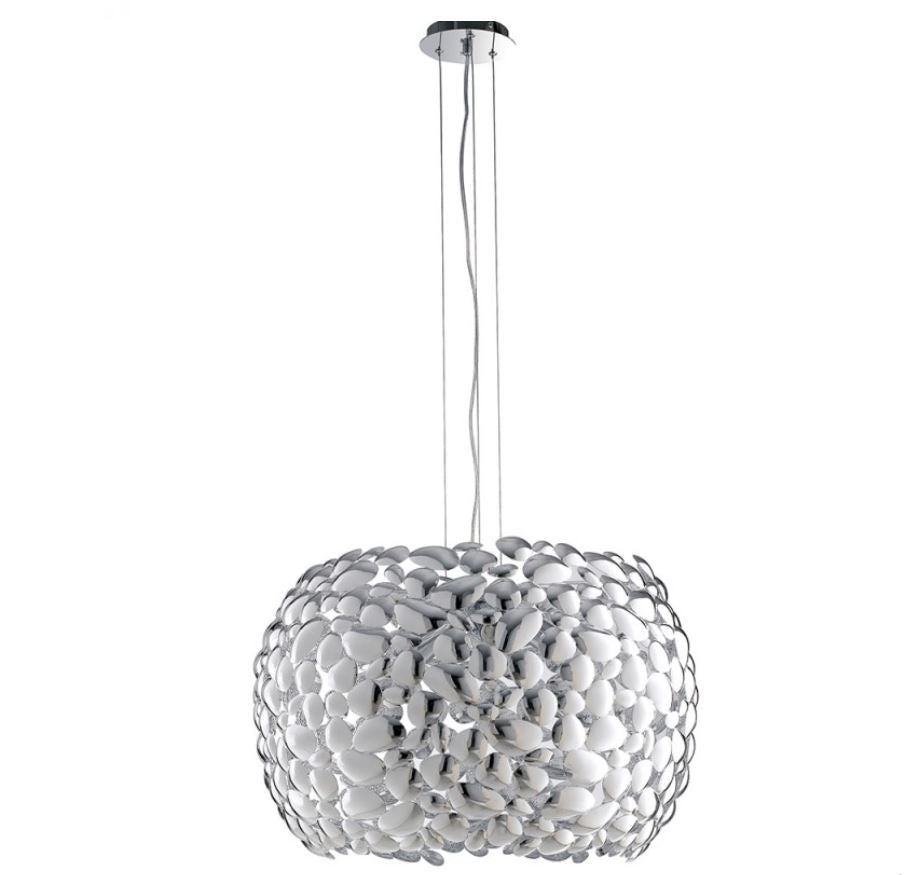 Sospensione D.65cm metallo cromo o bianco forme tondeggianti 5XE27 non incl. DIONISO Sospensione D.65cm metallo cromo o bianco forme tondeggianti 5XE27 non incl. DIONISO